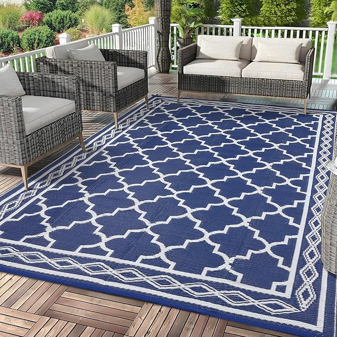GAOMON Outdoor Rugs Patio Camping Waterproof Rug 6'x9' Plastic Straw Patio Rug Portable for Campers, Outside RVs Mat for Patios Clearance, Backyard Porch, Balcony, Navy/White(Geometric)-Ruum Studio Home