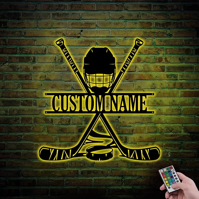 Hockey Metal Wall Art LED Sign – Custom Light Up Name Sign with Helmet & Sticks, 16-Color LED with Remote Control, Hockey Decor for Boys Room, Sports Fans-Ruum Studio Home