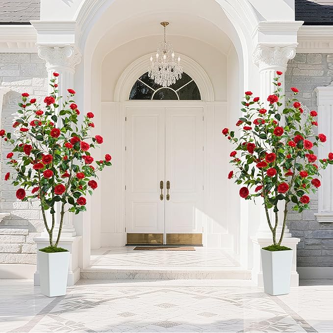 Artificial Camellia Tree 6FT Faux Trees Indoor Fake Floral Plant Blooming Tree with Red Flowers & White Tall Planter, Faux Camellia Plants for Porch Home Room Bedroom Office Front Door Outdoor Decor-Ruum Studio Home