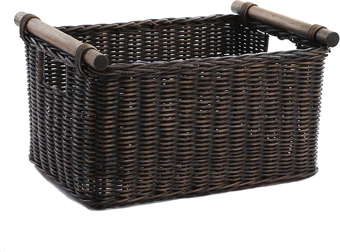 The Basket Lady Pole Handle Wicker Storage Basket, Small, 14 in L x 10 in W x 7.5 in H, Antique Walnut Brown-Ruum Studio Home