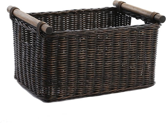 The Basket Lady Pole Handle Wicker Storage Basket, Small, 14 in L x 10 in W x 7.5 in H, Antique Walnut Brown-Ruum Studio Home