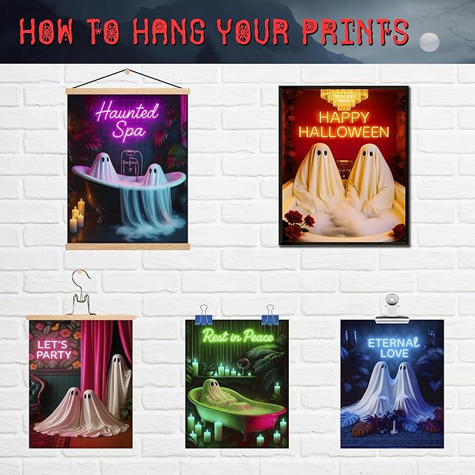LANCHI95 Halloween Ghosts Wall Art Halloween Wall Art Gothic Romantic Couple Cute Ghost Wall Decor Pictures Horror Wall Decor for Living Room Bedroom, Set 9pcs - 8x10 in (UNFRAMED)-Ruum Studio Home