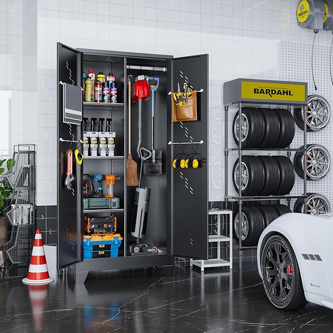 Metal Garage Storage Cabinet with Locking Doors, 71" Tall Broom Closet Storage Cabinet, Heavy Duty Garage Organization Cabinets, Steel Cabinet with Hanging Rod, Assembly Required-Ruum Studio Home