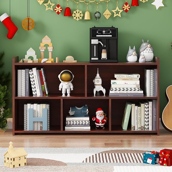 Book Shelf Set of 2, 5 Cubes Storage Organizer, Open Shelf Wooden Bookcase, Freestanding Cherry Bookshelf Cube Shelf for Bedroom, Living Room, Home Office-Ruum Studio Home