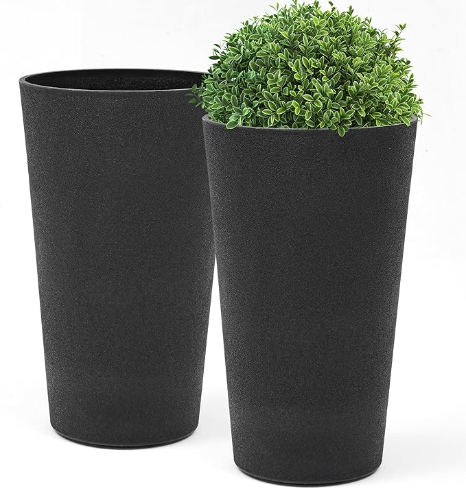24" Tall Planters for Outdoor Plants, Set of 2 Heavy-Duty Resin Flower Pots, Matte Black Leather Grain Finish, Durable & Weather-Resistant, Ideal for Garden, Patio, Yard, Porch, or Home Use-Ruum Studio Home