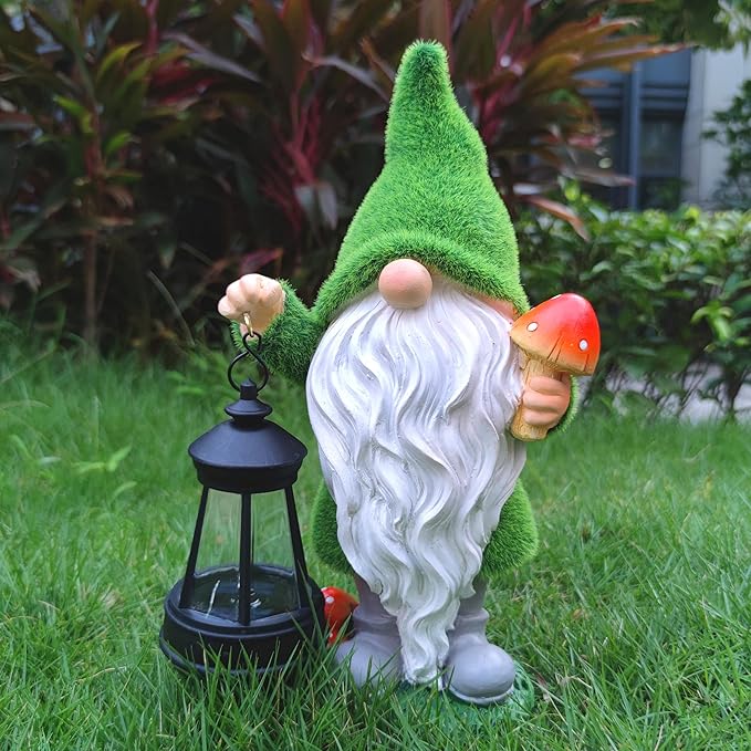 Solar Gnomes Garden Statues,Resin Gnome Figurine Holding Mushroom and Solar Lights Lantern,Outdoor Yard Art Decorations for Garden Patio Lawn-Ruum Studio Home