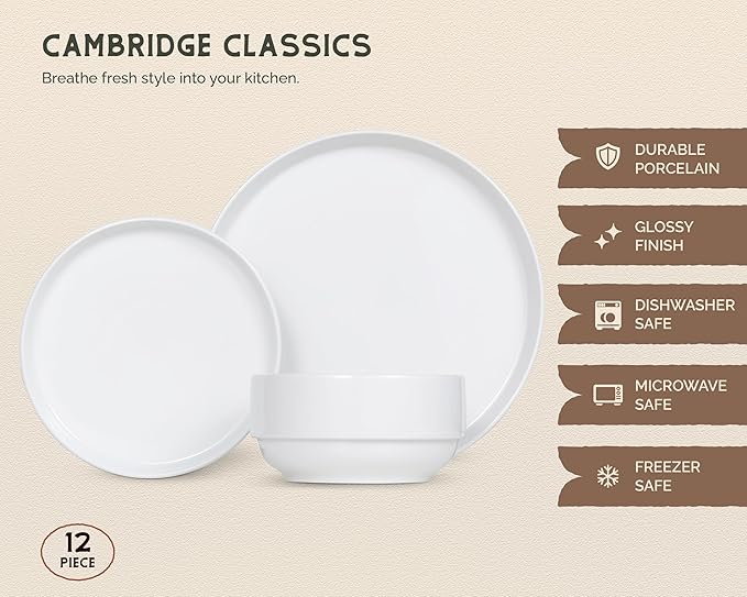 Ceramic Dinnerware Set, 12-Piece Service for 4, Soup Bowls (31.5 oz), Salad Plates (7.5"), Dinner Plates (10.5"), Round, Microwave and Dishwasher Safe, White, Cambridge Classics-Ruum Studio Home