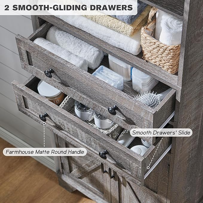 Bathroom Storage Cabinet, 72" Tall Farmhouse Storage Cabinet with 2 Drawers, Adjustable Shelves & Barn Door, Cabinet for Bathroom, Living Room, Kitchen, Grey Wash-Ruum Studio Home