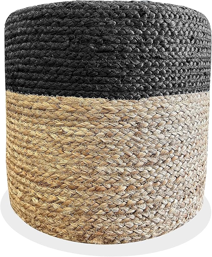 Jute Pouf Ottoman | Footrest Pouf | Hand Braided - Round Boho Pouffe - for Living Room, Bedroom, Nursery (16"x16"x16") Black-Ruum Studio Home