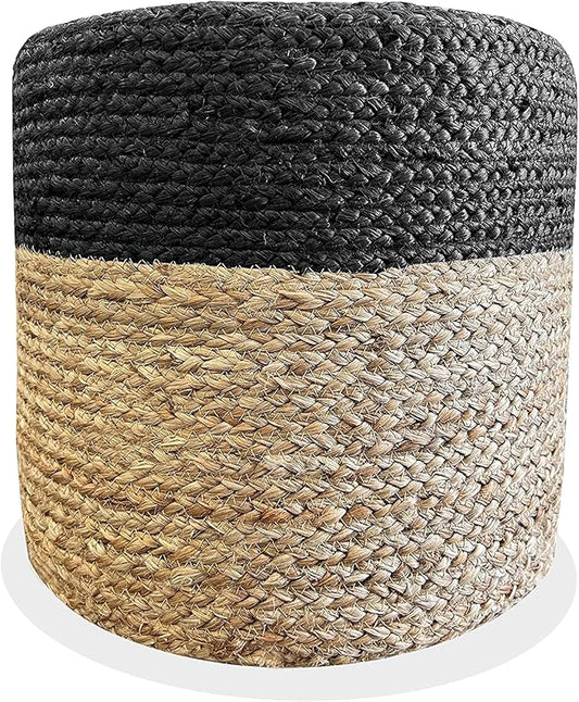 Jute Pouf Ottoman | Footrest Pouf | Hand Braided - Round Boho Pouffe - for Living Room, Bedroom, Nursery (16"x16"x16") Black-Ruum Studio Home