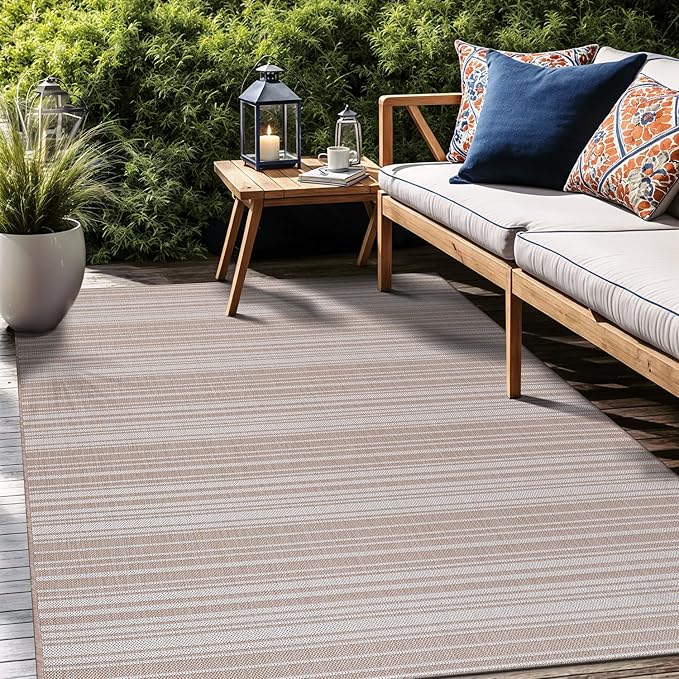 Stripe Outdoor Rug 9x12 Washable Outside Carpet for Indoor Patio Porch Waterproof Easy Cleaning Non Shedding Area Rugs Beige 9 x 12-Ruum Studio Home