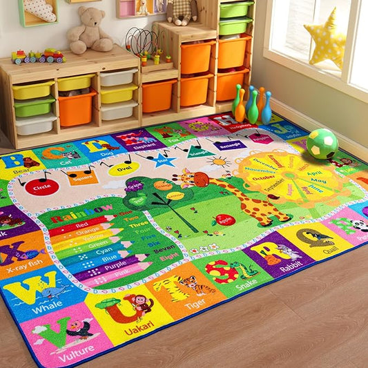 5x7 Playroom Rugs for Kids Washable, Educational and Fun Playmat with ABC Alphabet Animals Shapes Colors, Non-Slip Play Mat Learning Rugs for Baby Toddler Children Game Activity-Ruum Studio Home