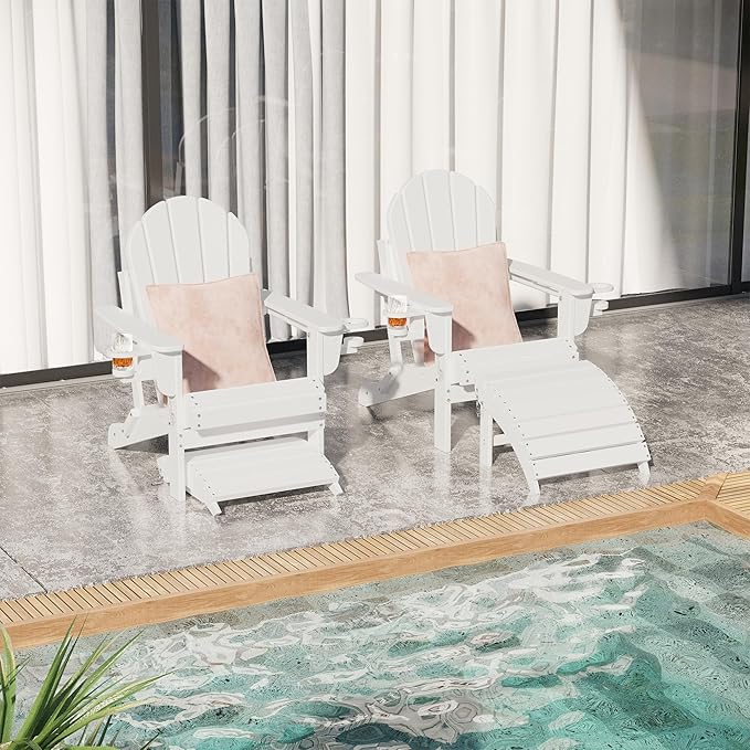 Sundale Outdoor Folding Plastic Adirondack Ottoman, All-Weather Adirondack Chair Footrest, Fade and Rust Resistant, Perfect for Outside Patio Garden Pool Yard White-Ruum Studio Home