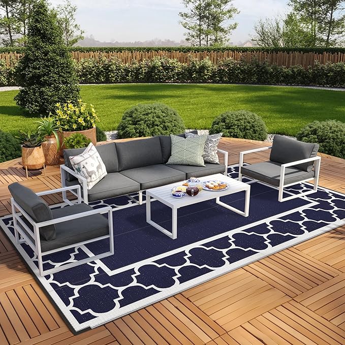 GENIMO 9' x 18' Outdoor Rug Waterproof for Patio, Foldable Reversible Plastic Straw Area Rugs Mat for Rv Decor, Outside Carpet for Camper, Deck, Picnic, Beach, Balcony, Porch, Blue & White-Ruum Studio Home