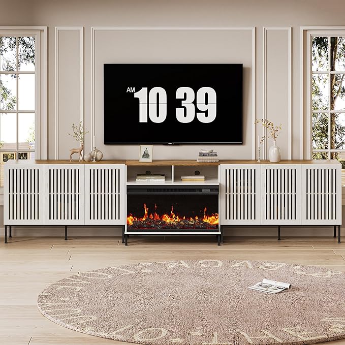 3-Sided Glass Farmhouse Fireplace TV Stand for TVs Up to 110 Inch, Entertainment Center with 36" Electric Fireplace, Antique White TV Console with Storage Cabinets for Living Room-Ruum Studio Home