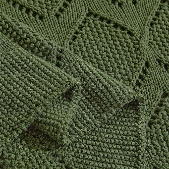 Longhui bedding Chunky Cotton Knit Throw Blanket for Couch, Sofa, Bed, or Chair, Decorative Breathable Fall Cable Knit Blanket 51 x 63 Inches, Olive Green-Ruum Studio Home