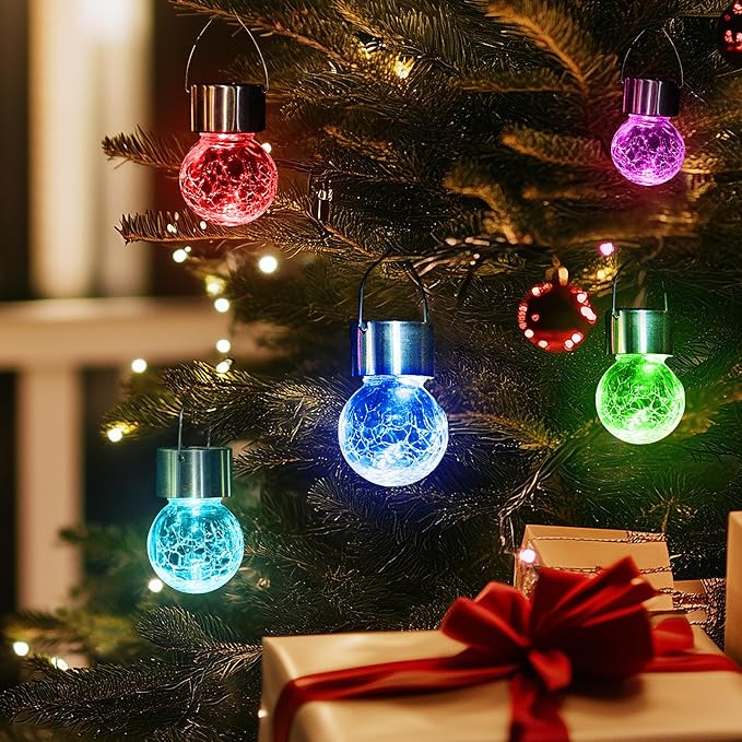 GIGALUMI 16 Pack Solar Hanging Lights for Christmas Decoration - Cracked Glass Solar Lights Outdoor Waterproof for Garden, Yard, Fence, Tree (Color Changing)-Ruum Studio Home