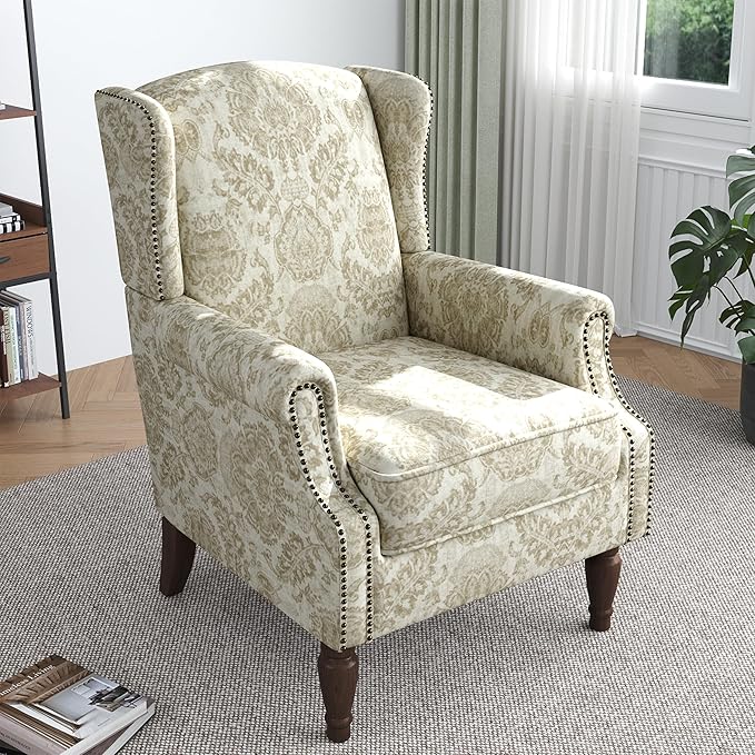 Lumibee Wingback Accent Chair,High Back Floral Armchairs in Fabric,Comfy Upholstered Reading Single Sofa Chair with Solid Wood Legs for Living Room,Bedroom,Office-White-Ruum Studio Home