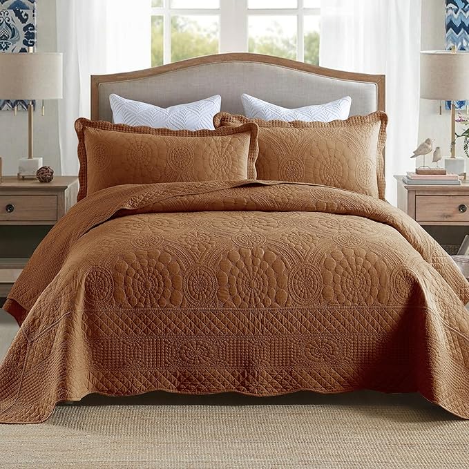 MarCielo 3-Piece 100% Cotton Oversized Bedspread Lightweight Quilt Coverlet Embroidery Farmhouse Bedding Set (Tf Dusty Orange, Oversized Queen (100"x106"))-Ruum Studio Home