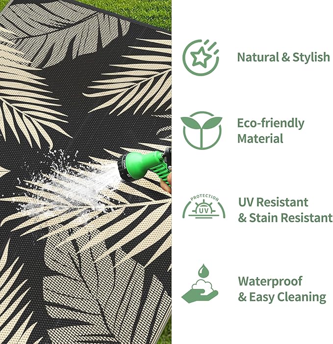 GENIMO Outdoor Rug 6' x 9' Waterproof for Patios Clearance, Reversible Outdoor Plastic Straw Camping Rug Carpet, Large Area Rugs Mats for RV, Camper, Deck, Balcony, Porch, Beach, Picnic, Black&Beige-Ruum Studio Home