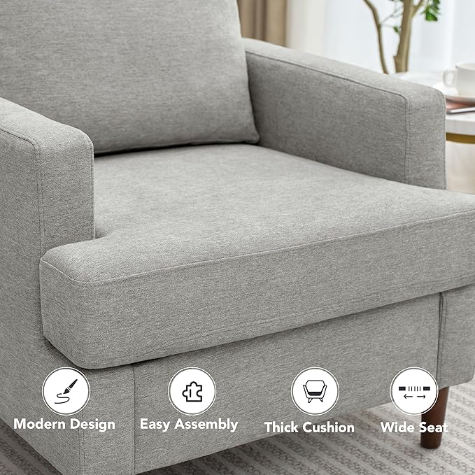 Mid-Century Accent Chair,Modern Linen Fabric Armchair for Living Room,Comfy Upholstered Reading Accent Chairs for Bedroom,Single Sofa Chair with Wood Legs (Light Grey, 1 Pack)-Ruum Studio Home