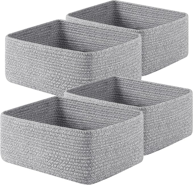OIAHOMY 4 Pack 14.17*11.02*6.3IN Storage Baskets for Organizing Shelves, Woven Rope Baskets for Organizing Books, Clothes, Decorative Basket for Living Room, Nursery, Bedroom, Gift Basket, Grey-Ruum Studio Home