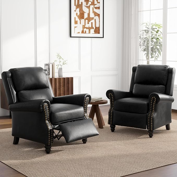 UIXE Pushback Recliner Chairs Set of 2, PU Leather Armchair Push Back Accent Chair, Rivet Trim Club Chair Home Theater Overstuffed Single Sofa Reading Seat for Living Room, Black-Ruum Studio Home