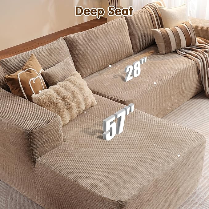 ovios 104" Cloud Sectional Couch with L-Shape Chaise,Modern Modular Sofa with Deep Seat, Upholstered Couches for Living Room Bedroom,No Assembly Required, Camel (Corduroy Fabric)-Ruum Studio Home
