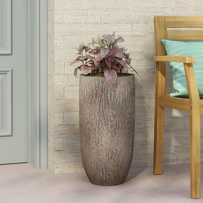 Christopher Knight Home Jorine Lightweight Concrete Planter, Cast Stone Plant Pot, Large Garden Urn, Patio Texture Finish Flower Pot for Balcony Backyard Poolside, No Assembly Needed, 27" H Brown-Ruum Studio Home