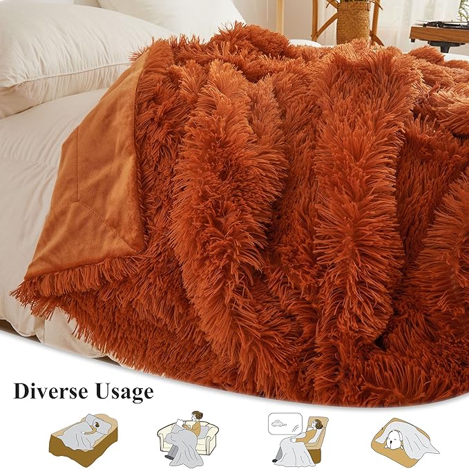XeGe Luxury Faux Fur Blanket, Burnt Orange Soft Fluffy Bed Throw, Shaggy Plush Big Decorative Couch Throw, Cute Furry Fuzzy Blanket for Sofa Bed, Burnt Orange, 60x90-Ruum Studio Home