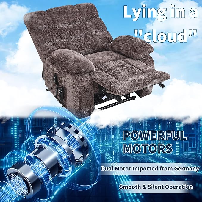 Lay Flat Recliner with Vibration Massage and Lumbar Heating, 26" Wide Recliner with Infinite Position and 2 Remote Controls, Soft Chenille Lift Chair for Living Room, Chocolate-Ruum Studio Home
