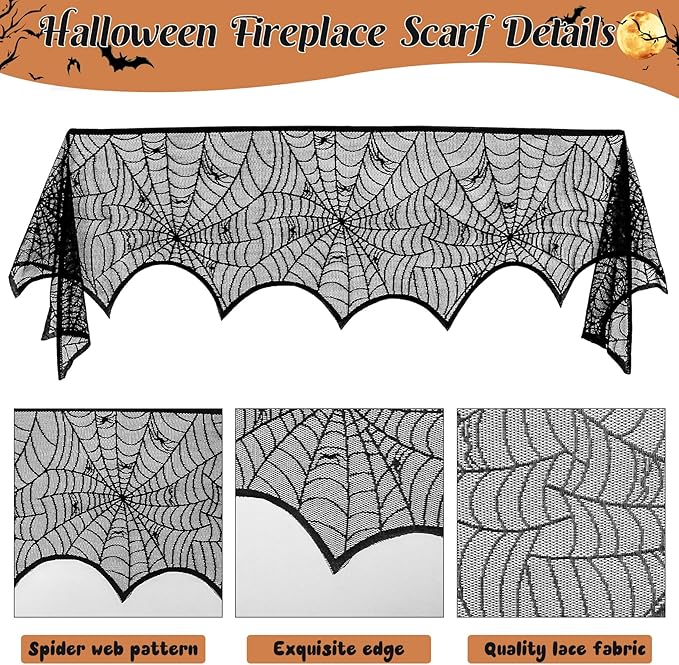 3 Pack Halloween Decorations Sets, Black Lace Spider Webs Table Runner & Halloween Cobweb Fireplace Scarf with 120 pcs 3D Bat for Halloween Indoor Decors Party Supplies-Ruum Studio Home