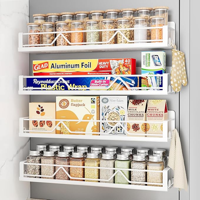 16.9 Inch Wide Large Capacity Magnetic Spice Rack for Refrigerator, 4 Pack Metal Fridge Shelf, White-Ruum Studio Home