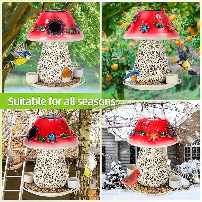 Mushroom Solar Bird Feeders for Outdoors Hanging Metal Wild Bird Feeder Garden Lantern with S Hook for Garden Decoration red-Ruum Studio Home