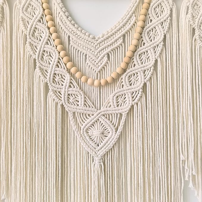 large macrame wall hanging - Boho Tapestry Macrame Wall Decor Art- Chic Bohemian Handmade Woven Tapestry Home Decoration for Bedroom Living Room Apartment Wedding Party - 43"x32" (Beige-Wood Bead)-Ruum Studio Home