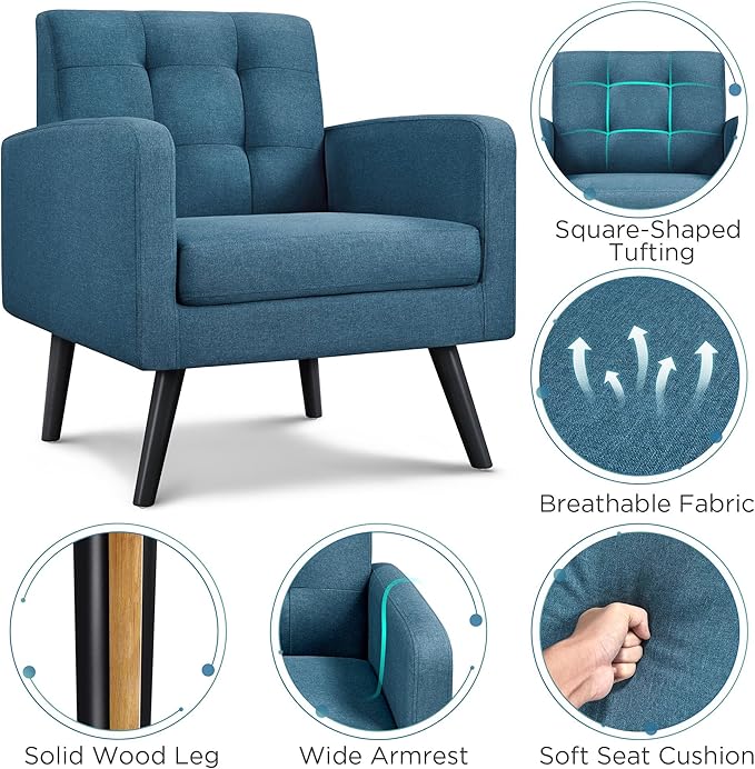 Yaheetech Mid-Century Accent Chairs, Modern Upholstered Living Room Chair, Cozy Armchair Button Tufted Back and Wood Legs for Bedroom/Office/Cafe, Navy Blue-Ruum Studio Home