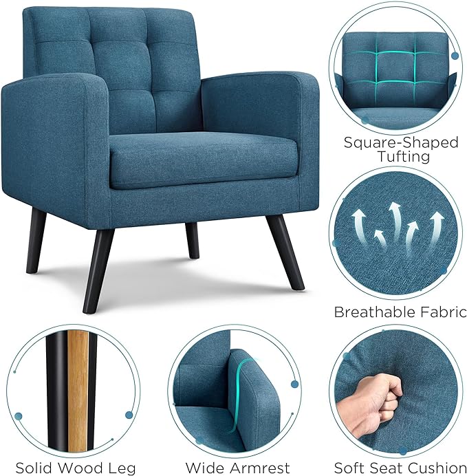 Yaheetech Mid-Century Accent Chairs, Modern Upholstered Living Room Chair, Cozy Armchair Button Tufted Back and Wood Legs for Bedroom/Office/Cafe, Set of 2, Navy Blue-Ruum Studio Home