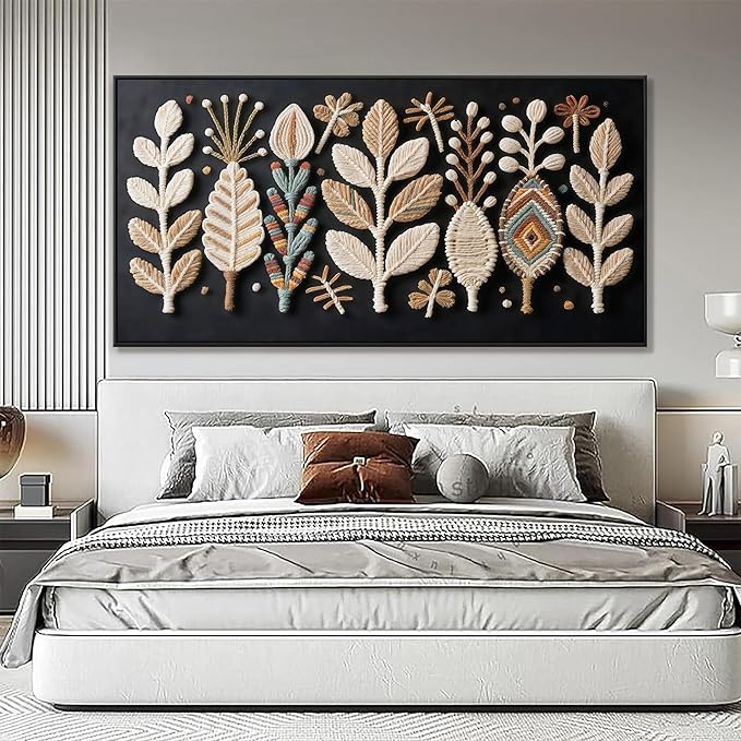 Large Boho Black Wall Art For Living Room Chic Home Wall Art Modern Multicolor Leaves Feather Canvas Wall Art Decor Picture For Bedroom Apartment Kitchen Home Wall Decor 29" X 58" With Framed-Ruum Studio Home
