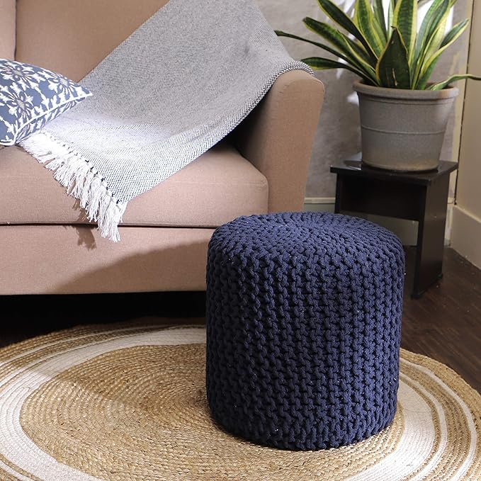 REDEARTH Cylindrical Pouf Ottoman -Hand Knitted Poof Pouffe Accent Chair Seat Footrest for Living Room, Bedroom, Nursery, kidsroom, Patio, Gym; 100% Cotton (16x16x16; Navy Blue)-Ruum Studio Home