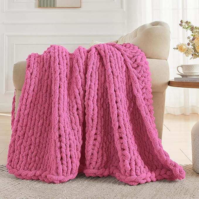 Carriediosa Chunky Knit Throw Blanket 50" X 60", 100% Hand Made Large Chenille Loop Yarn Soft Fluffy Throws for Couch Sofa Bed, Big Crochet Cozy Heavy Thick Cable Woven Blankets, Hot Pink-Ruum Studio Home
