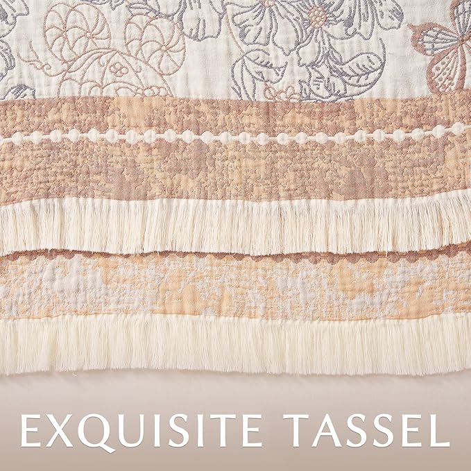 JINCHAN Boho Floral 100% Cotton Blanket 4-Layer Throw Blanket with Tassel Taupe and White Flower Butterfly Soft Luxury Rustic Farmhouse Decor Blanket for Couch Bed 60x80 inch All Season gift for women-Ruum Studio Home