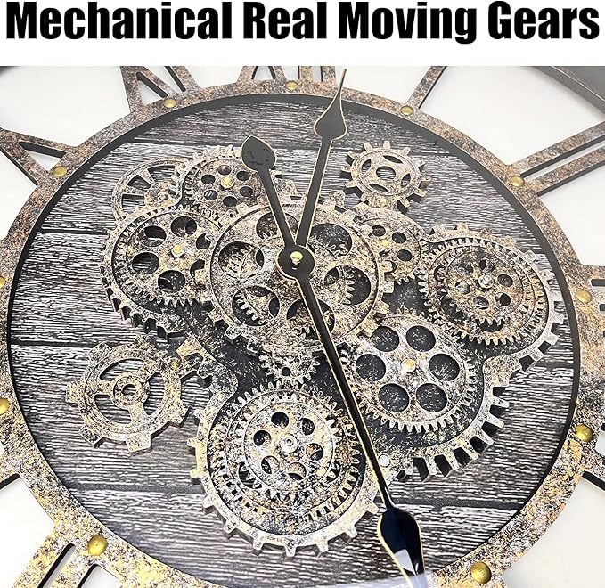 DORBOKER 27" Real Moving Gears Large Wall Clock with Toughened Glass Cover, Giant Wood Farmhouse Clock, Oversized Vintage Industrial Rustic Clock for Living Room Decor Home Kitchen (Carbon Grey)-Ruum Studio Home