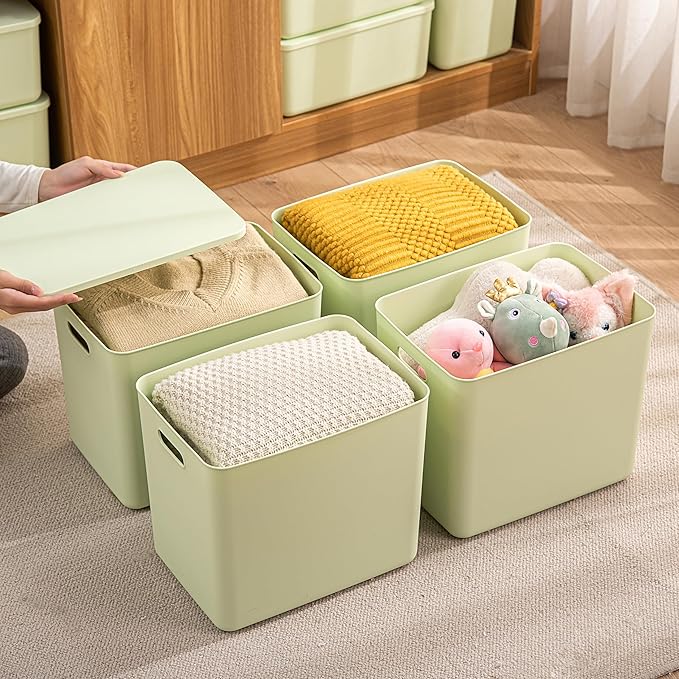 4 pack large plastic White storage bins Baskets, Toy Box Chest with Lids and Handle，Organizer Containers for Baby，Kids,snacks,Nursery，Shelves，Playroom, Bedroom，Office,Closet，home-Ruum Studio Home