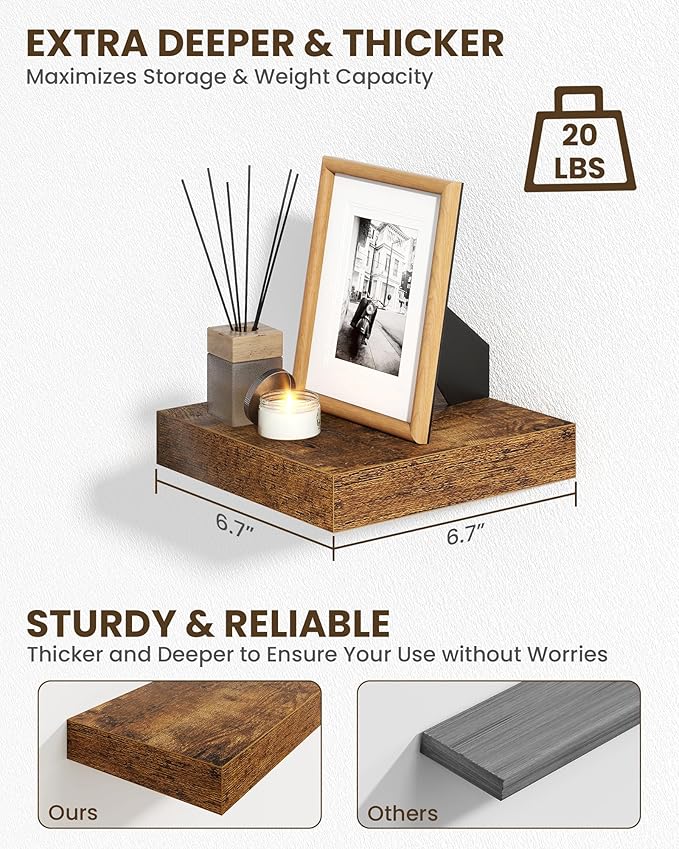 Marsmiles 6.7" Floating Shelves for Wall, Wooden Shelves with Invisible Brackets Set of 2, Rustic Farmhouse Wall Mounted Shelf for Kitchen Bathroom Living Room Study, Rustic Brown-Ruum Studio Home