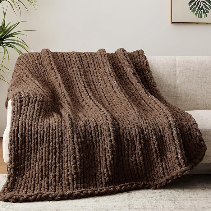 Chunky Knit Throw Blanket, 30''*40'' Knitted Throw Chenille Yarn for Bed Couch, Handmade Dark Brown Crochet Big Thick Blanket, Machine Washable Cute Comfy Blanket for Home Decor-Ruum Studio Home