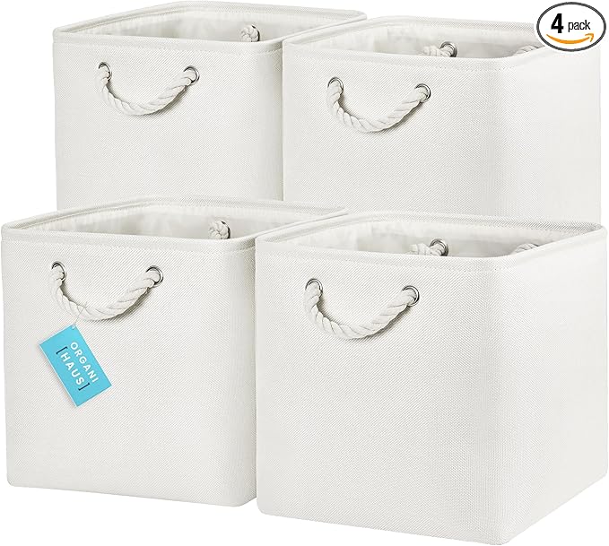 OrganiHaus 12x12 Cube Storage Bins 4 Pack, Foldable Cube Storage Organizer w/ Rope Handles, Collapsible Fabric Bins for Toys, Clothes & Closet Organization, Fabric Square Baskets - Off-White-Ruum Studio Home