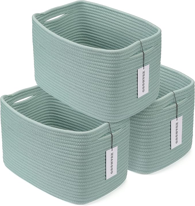 Cotton Rope storage Basket Bins Woven Basket for Organizing Shelves Rectangle Decorative Baskets For storage Clothes Toys Books Towels Square Wicker Nursery basket organizer 3 pack Green-Ruum Studio Home