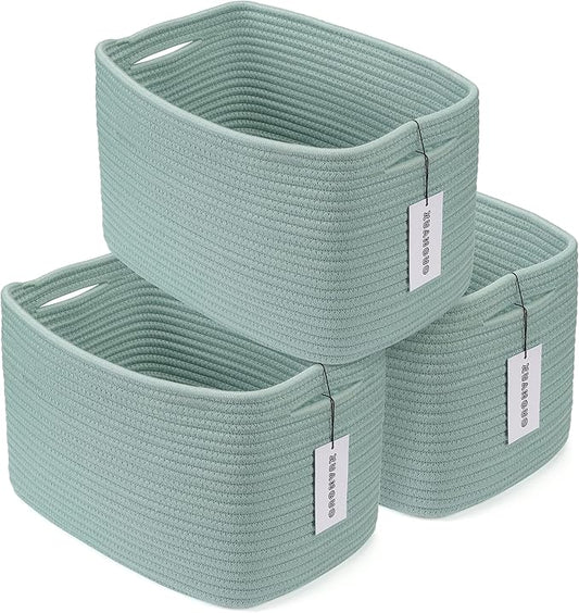 Cotton Rope storage Basket Bins Woven Basket for Organizing Shelves Rectangle Decorative Baskets For storage Clothes Toys Books Towels Square Wicker Nursery basket organizer 3 pack Green-Ruum Studio Home
