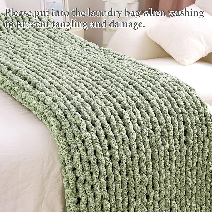 Admitrack Chunky Knit Blanket Throw, 100% Hand Knit Chenille Throw Blanket for Sofa & Home Decor, Soft and Cozy Knitted Throw Blankets (Sage Green, 60""x80""), XNR010-Ruum Studio Home