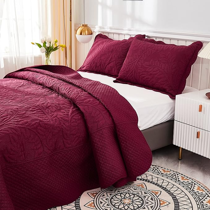 MarCielo 3-Piece 100% Cotton Oversized Bedspread Lightweight Quilt Coverlet Embroidery Farmhouse Bedding Set T0 (Wine Burgundy, Oversized Queen (100"x106"))-Ruum Studio Home